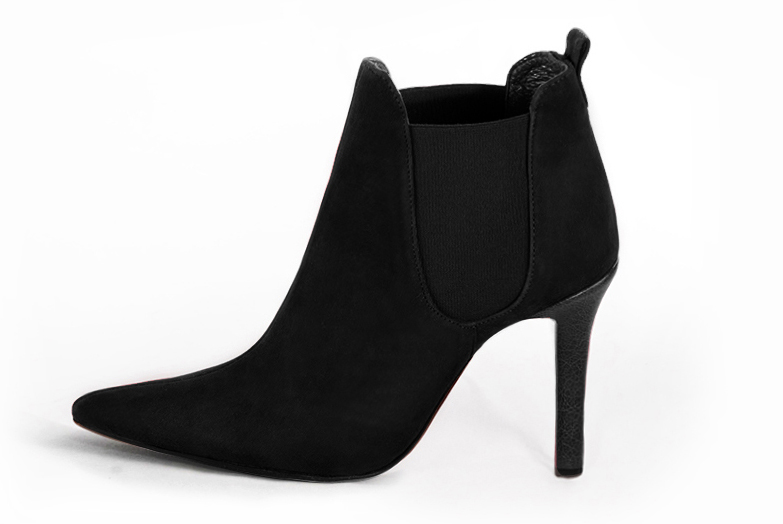 Matt black women's ankle boots, with elastics. Pointed toe. High slim heel. Profile view - Florence KOOIJMAN